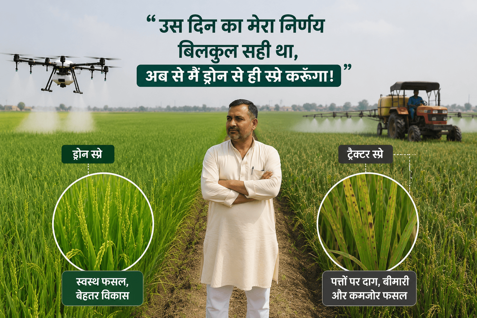 ड्रोन स्प्रेइंग से धान की फसल बचाई 